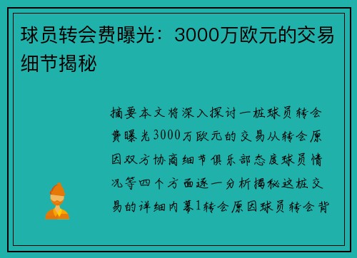 球员转会费曝光：3000万欧元的交易细节揭秘